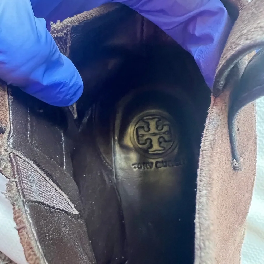 Tory Burch Brown Heeled Boots with Gold Accents‎